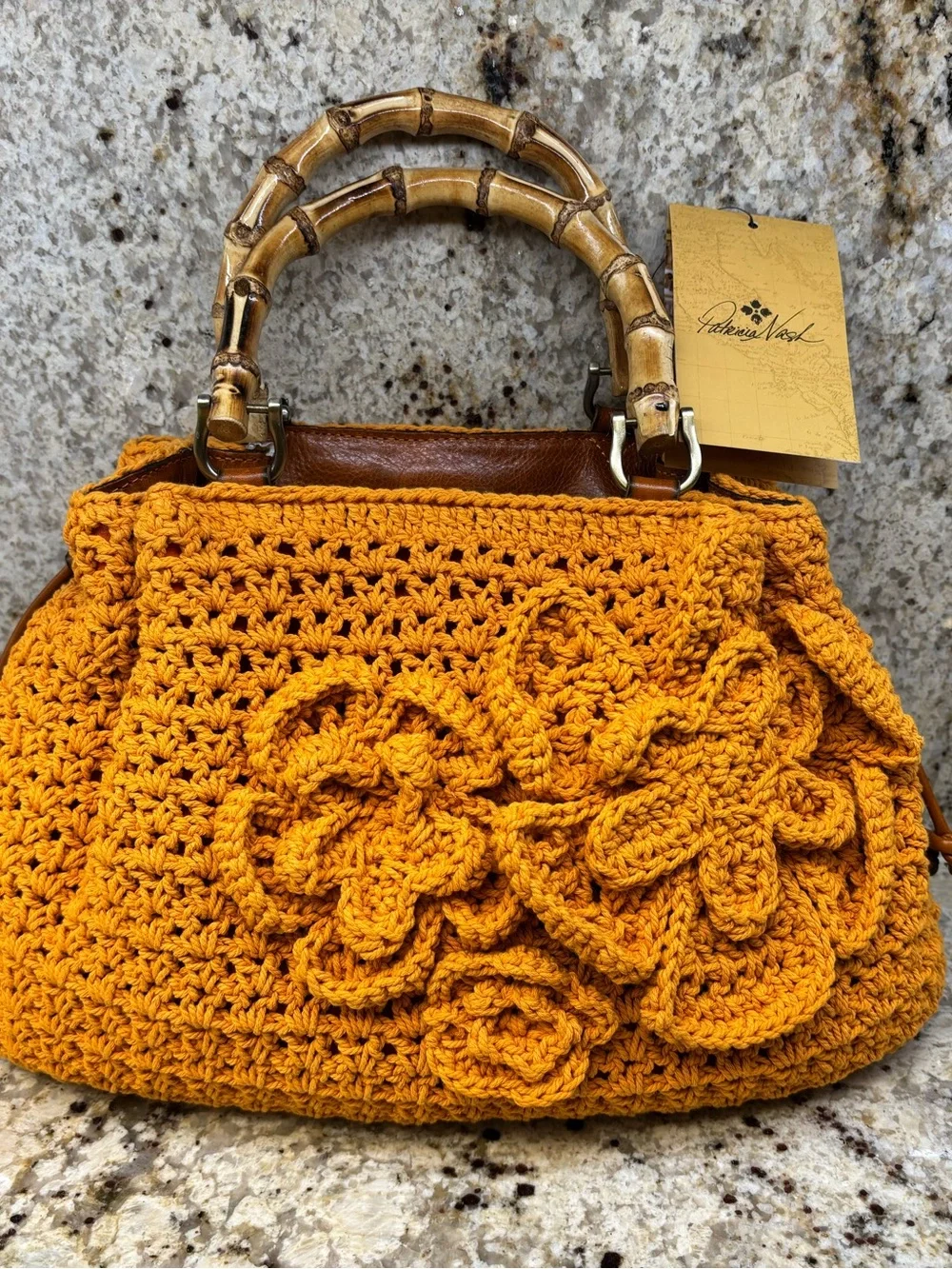 Patricia Nash Mustard Orange Pumpkin Crochet Floral Bamboo-Handle Satchel Bag